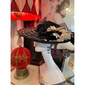 vintage 1940s black straw wide brim platter hat 40s fashion millinery floral